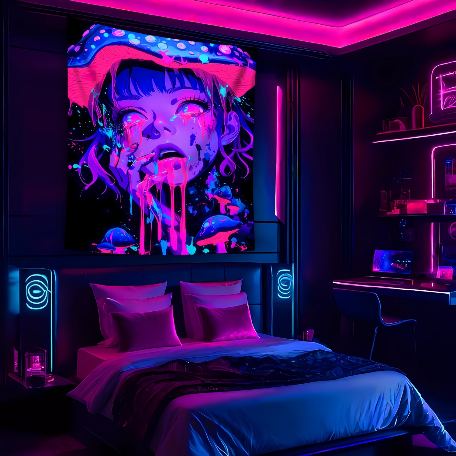 Simpkeely Mushroom Girl UV Black Light Tapestry, Large Size Peach Skin Fluorescent Tapestry, Bedroom Aesthetic Hanging Tapestry For Party Festival, Bedroom Office Living Room Home Decor, Wall Decoration