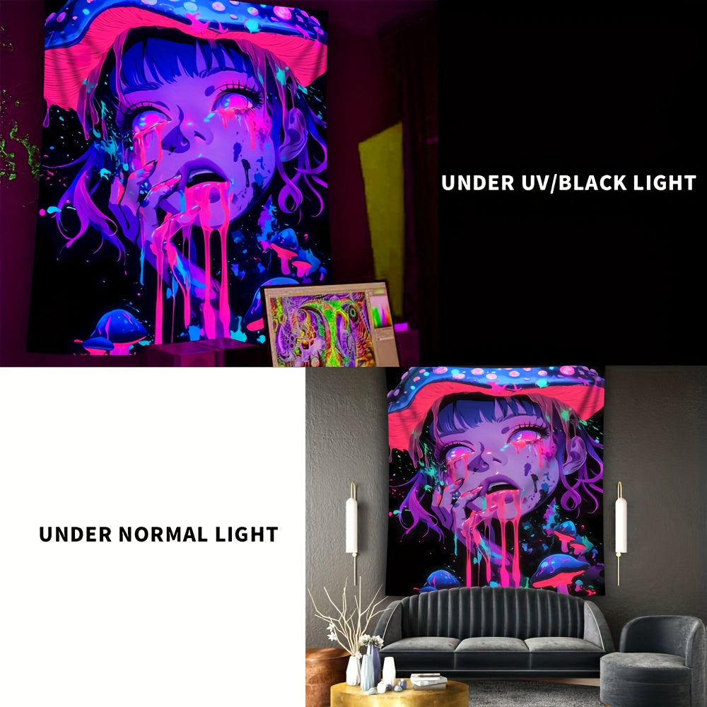 Simpkeely Mushroom Girl UV Black Light Tapestry, Large Size Peach Skin Fluorescent Tapestry, Bedroom Aesthetic Hanging Tapestry For Party Festival, Bedroom Office Living Room Home Decor, Wall Decoration