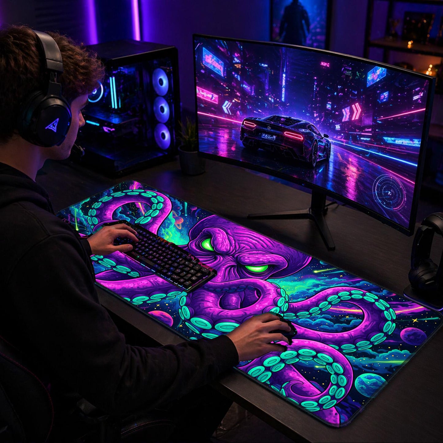 Cosmic Kraken mat on a gaming desk with keyboard, mouse, and headset.