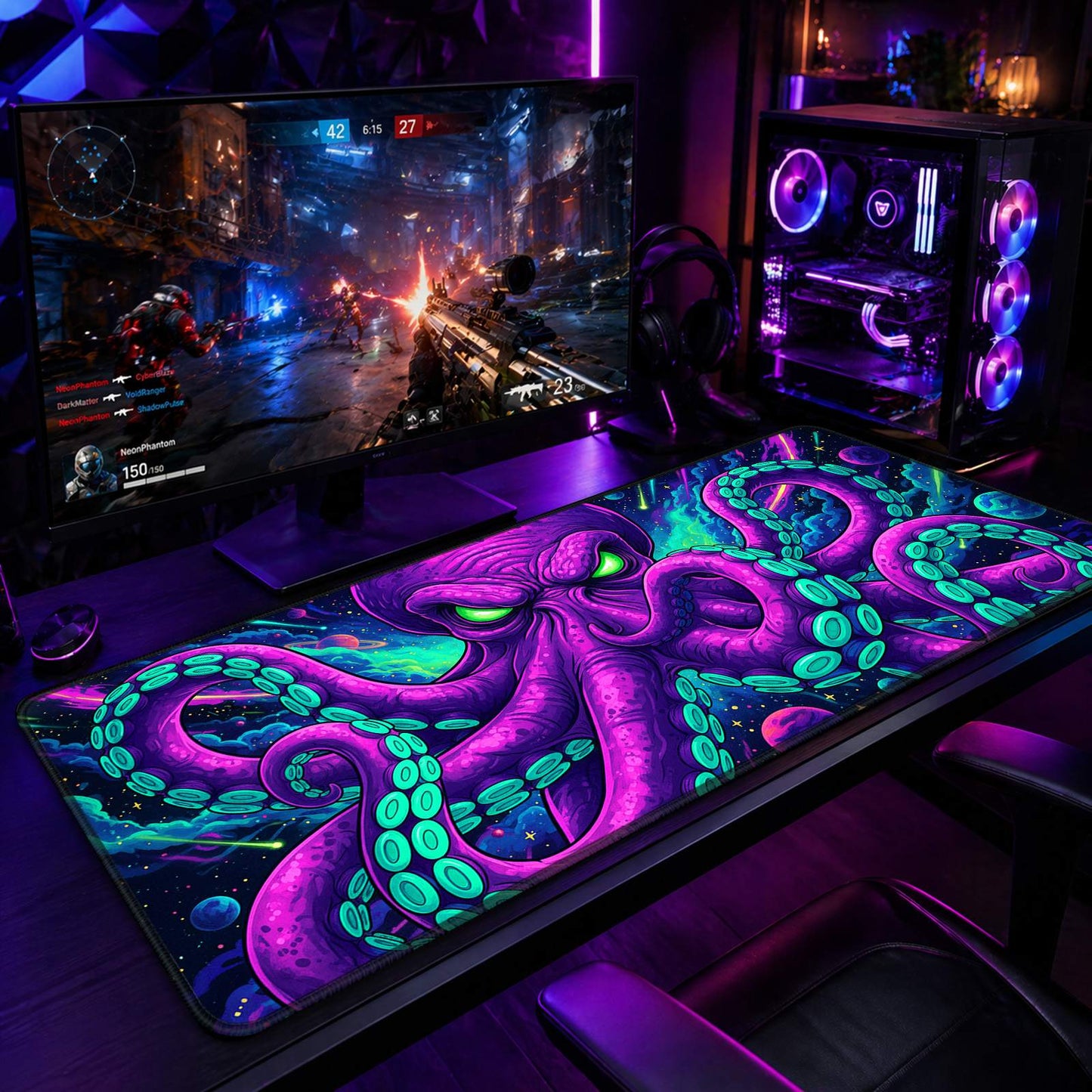 Gamer streaming live with the Cosmic Kraken mat enhancing the setup.
