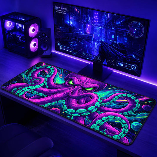 Full flat view of the Cosmic Kraken UV reactive gaming mouse pad.
