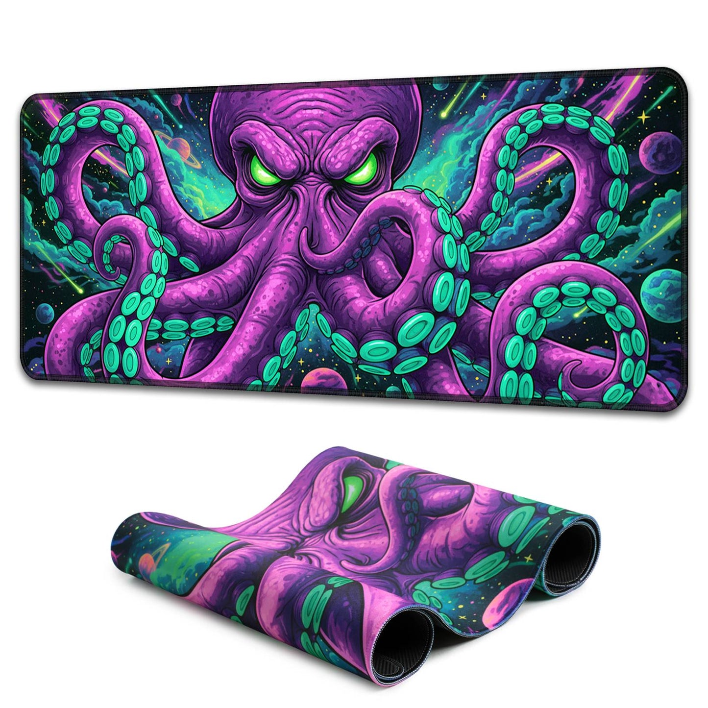 Cosmic Kraken mouse pad glowing vividly under UV-A blacklight.
