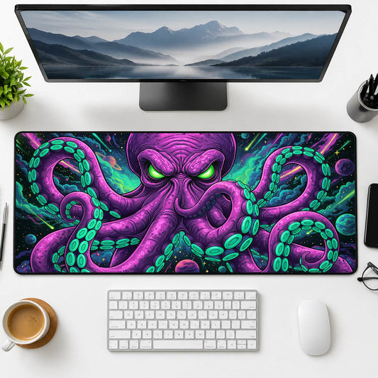 Close-up of the menacing kraken's eye and tentacles on the mat.