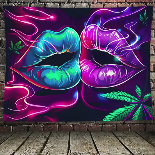 Simpkeely Sexy Lip Leaves UV Black Light Tapestry, Large Size Peach Skin Fluorescent Tapestry, Bedroom Aesthetic Hanging Tapestry for Party Festival, Bedroom Office Living Room Home Decor, Wall Decoration