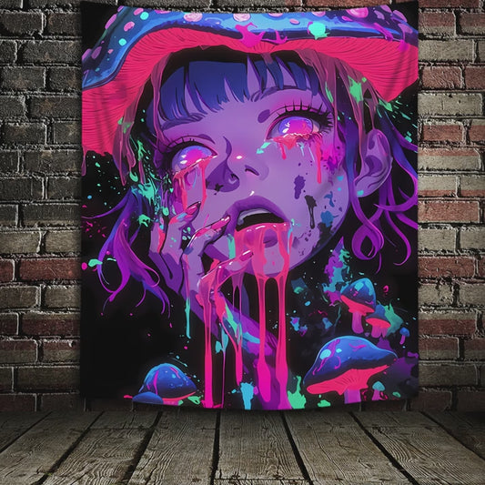Simpkeely Mushroom Girl UV Black Light Tapestry, Large Size Peach Skin Fluorescent Tapestry, Bedroom Aesthetic Hanging Tapestry For Party Festival, Bedroom Office Living Room Home Decor, Wall Decoration