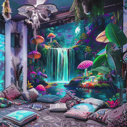Simpkeely Mushroom Mountains Water UV Black Light Tapestry - Large Size Peach Skin Fluorescent Tapestry - Bedroom Aesthetic Hanging Tapestry For Party Festival, Bedroom Office Living Room Home Decor, Wall Decoration