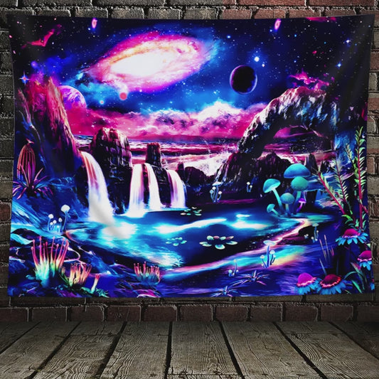 Simpkeely Waterfall Forest Plants Fluorescent Tapestry, Starry Sky Large Size Colorful aesthetics Polyster UV BlackLight Tapestry, Wall Hanging For Living Room Bedroom Office Home Decor/Room Decor/Party Deco, Holiday Gift With Free Installation Package