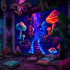 Simpkeely Fantasy Mushroom Forest UV Reactive Tapestry, Large Peach Skin Velvet Wall Hanging with Black Light Fluorescence, Indoor Graphic Decor for Living Room Bedroom Office