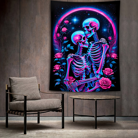 Simpkeely Hippie Couple Skull Fluorescent Tapestry, Romantic Love Background Colorful Aesthetics Polyster UV BlackLight Tapestry, Wall Hanging For Living Room Bedroom Office Home Decor/Room Decor/Party Deco, Holiday Gift With Free Installation Package