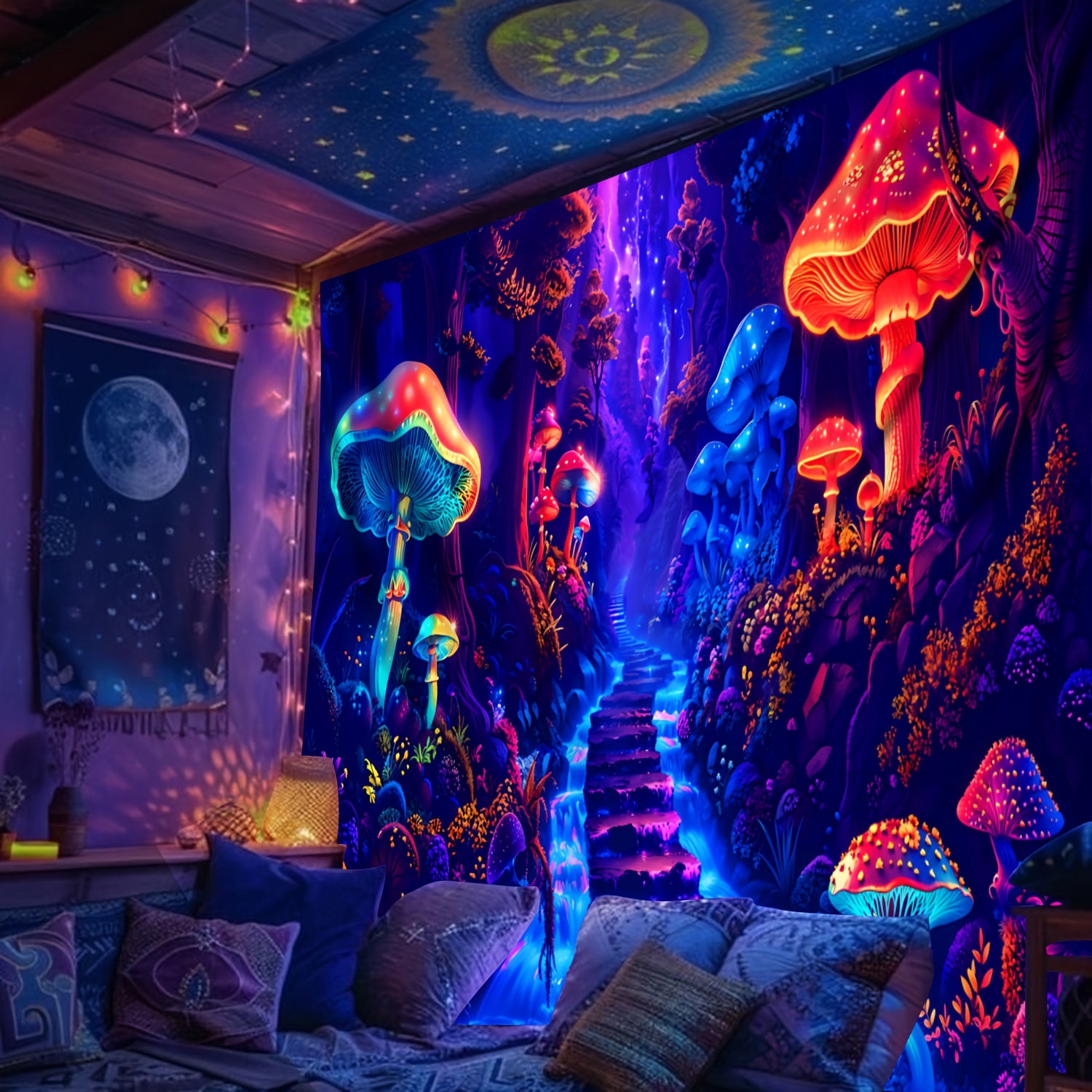 Simpkeely Fantasy Mushroom Forest UV Reactive Tapestry, Large Peach Skin Velvet Wall Hanging with Black Light Fluorescence, Indoor Graphic Decor for Living Room Bedroom Office