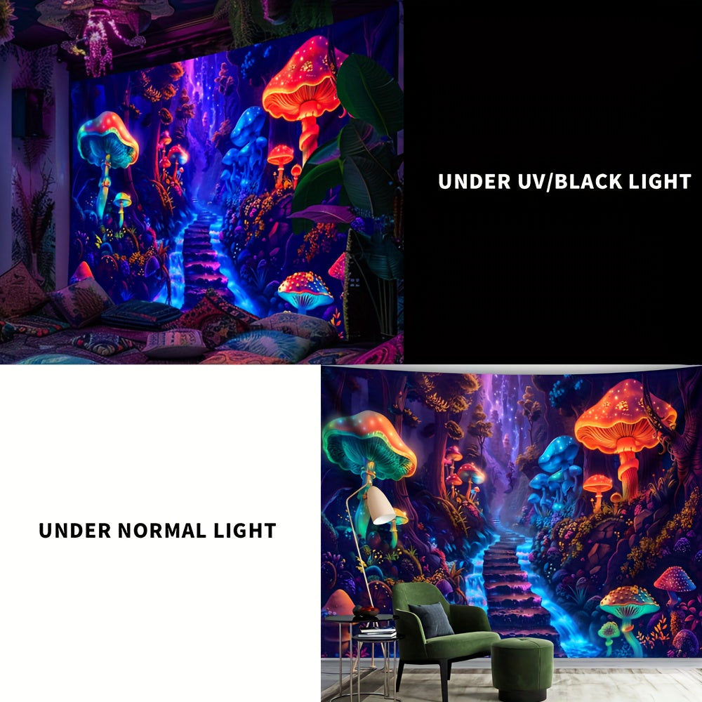Simpkeely Fantasy Mushroom Forest UV Reactive Tapestry, Large Peach Skin Velvet Wall Hanging with Black Light Fluorescence, Indoor Graphic Decor for Living Room Bedroom Office