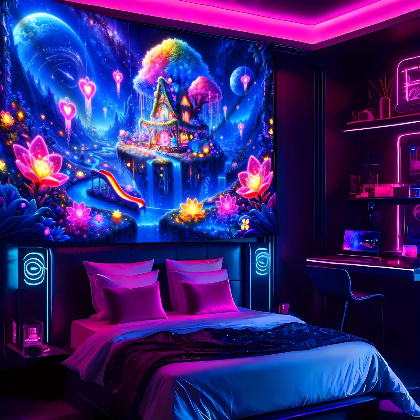Simpkeely Large Peach Skin Enchanting Magic Castle Fluorescent Tapestry - Easy-Hang Wall Art for Bedroom & Living Room Decor