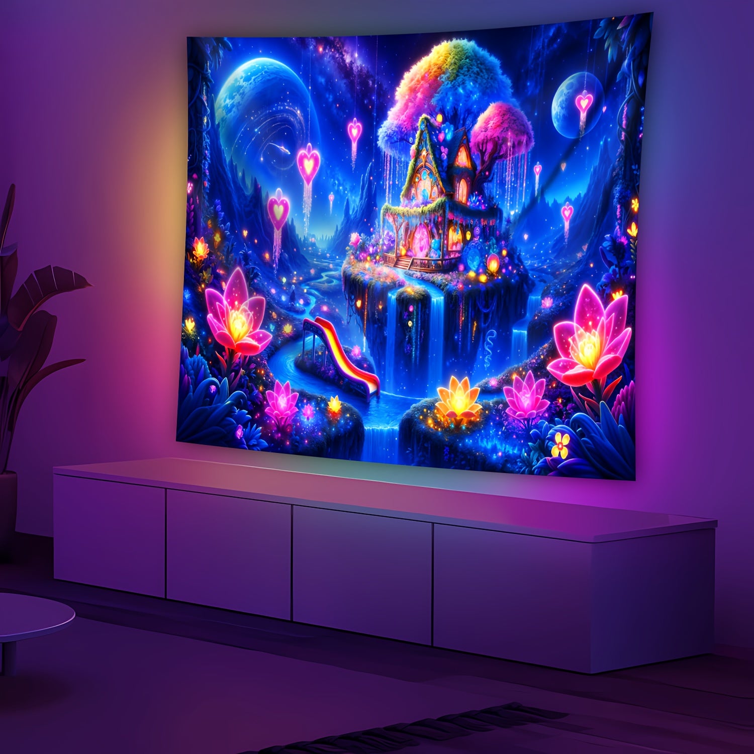 Simpkeely Large Peach Skin Enchanting Magic Castle Fluorescent Tapestry - Easy-Hang Wall Art for Bedroom & Living Room Decor