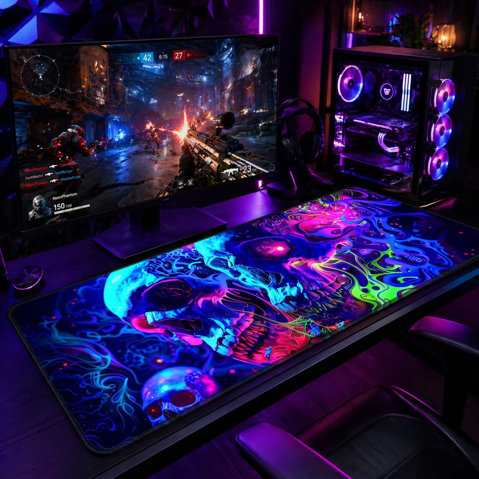 A curved monitor displaying a first-person shooter game, RGB gaming PC, headset, and a large neon skull mouse pad on a desk with purple lighting.