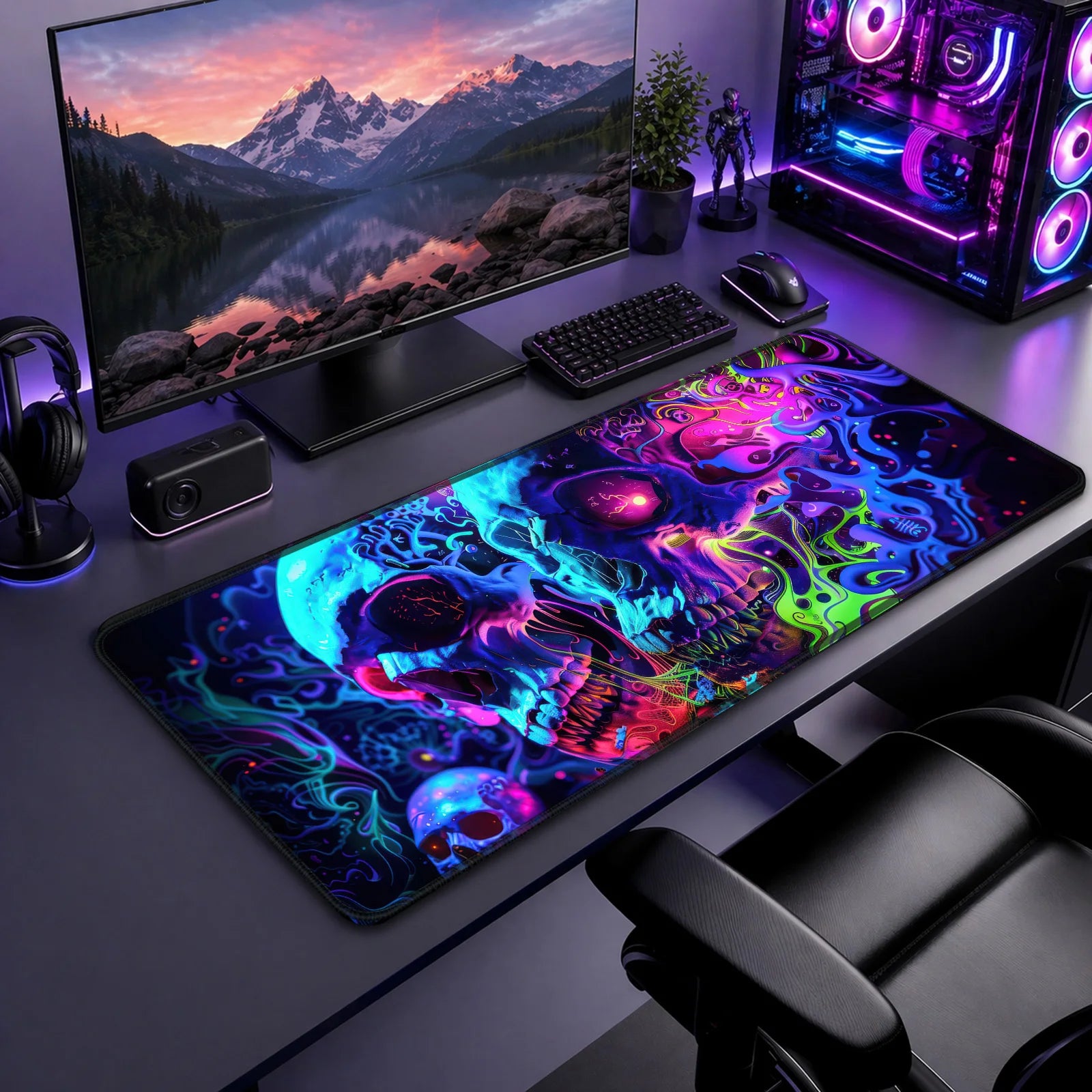 A tidy gaming setup with a landscape wallpaper on the monitor, keyboard, mouse, RGB PC tower, and a large neon skull mouse pad on the desk.