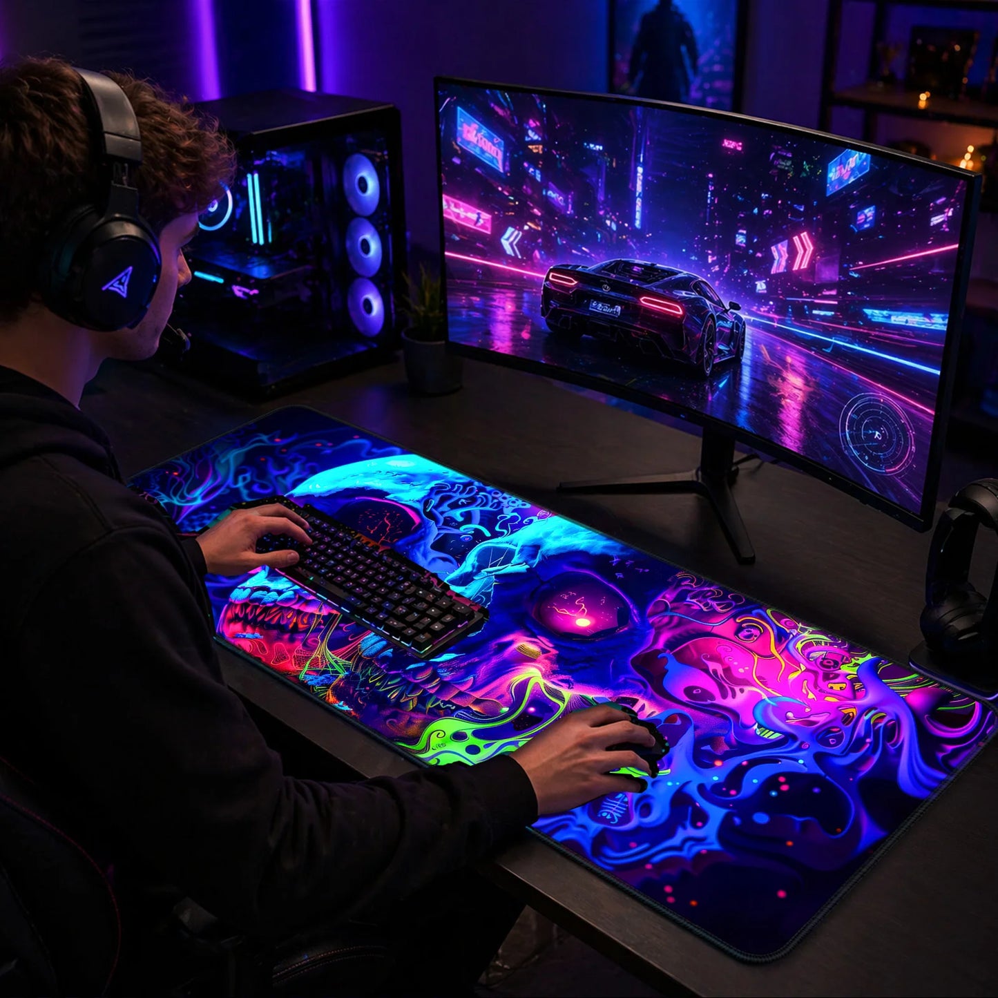  A gamer wearing a headset playing a racing game on a curved monitor, with an RGB PC and a large neon skull mouse pad on the desk.