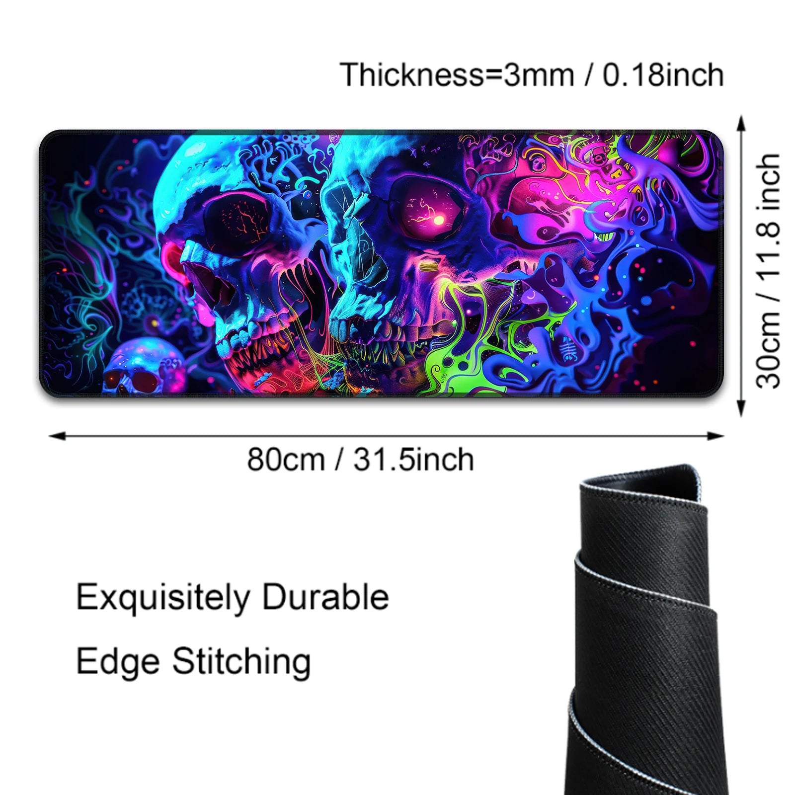Extended gaming mouse pad with neon psychedelic skull design, showing dimensions 80cm x 30cm (31.5in x 11.8in), 3mm thickness, and rolled edge with durable stitching.