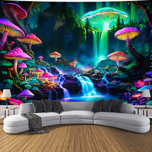 Simpkeely Mushroom Forest Fluorescent Tapestry, Large Size Waterfall UV BlackLight Tapestry, Live Broadcast background Wall Hanging For Living Room Bedroom Office Home Decor/Room Decor/Party Deco, With Free Installation Package