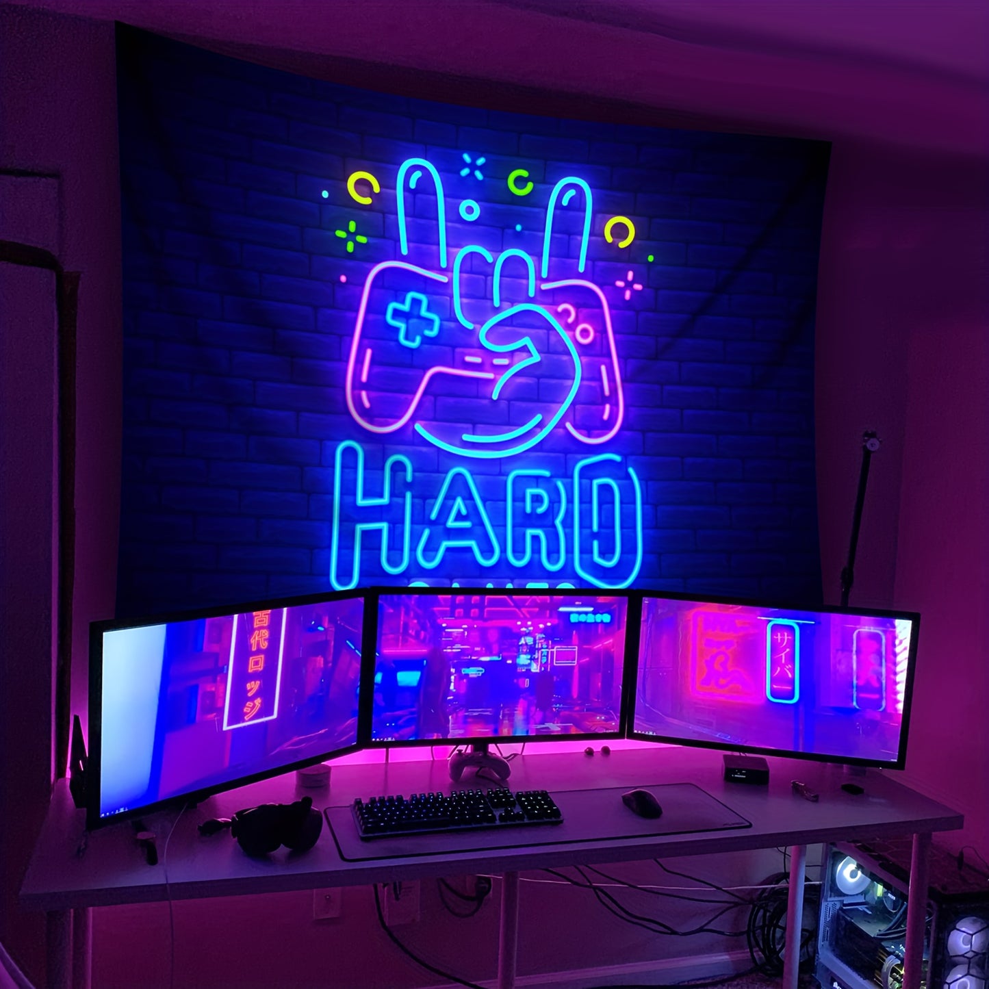 Simpkeely E-Sports Neon Gaming Tapestry, UV Reactive Fluorescent Game Controller Wall Hanging, Fantasy Themed Graphic Decor, Woven Peach Skin Velvet Fabric, Polyester, with No Power Needed, for Bedroom, Living Room, Home Office