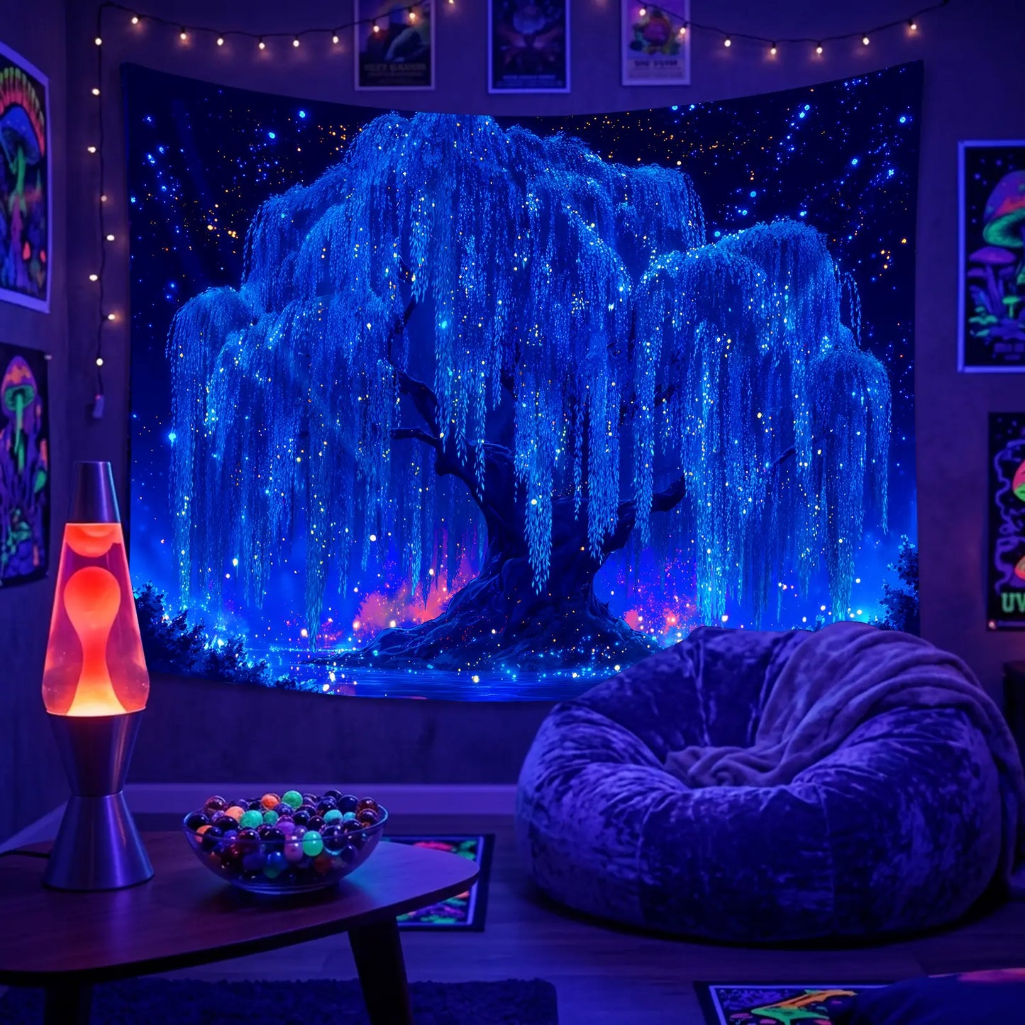 Full view of Starlight Willow UV reactive tapestry, glowing with mystical trees.