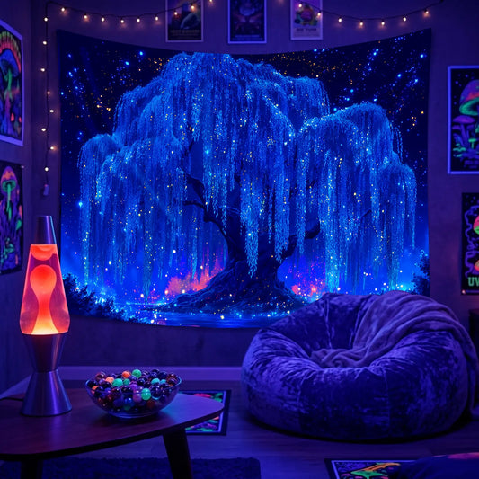 Full view of Starlight Willow UV reactive tapestry, glowing with mystical trees.