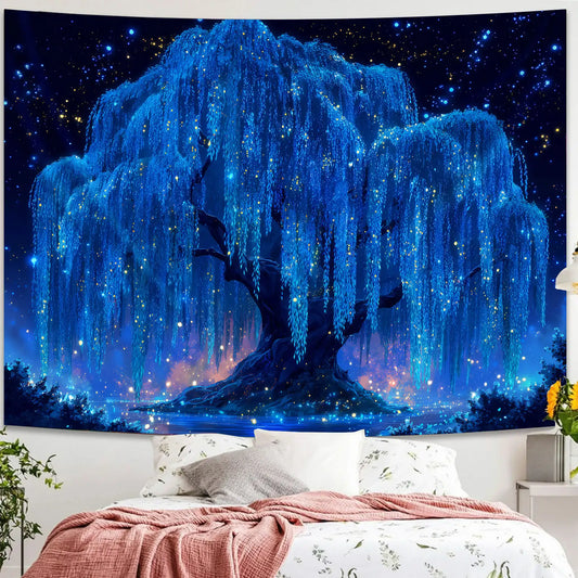 Close-up of the ancient weeping willow tree with glowing particles.