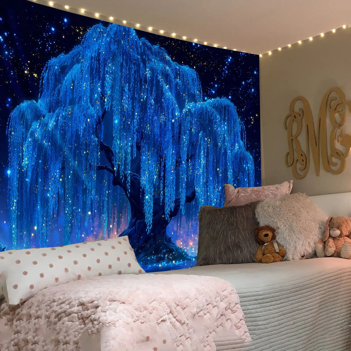 Ethereal Starlight Willow tapestry transforming a cozy living space.