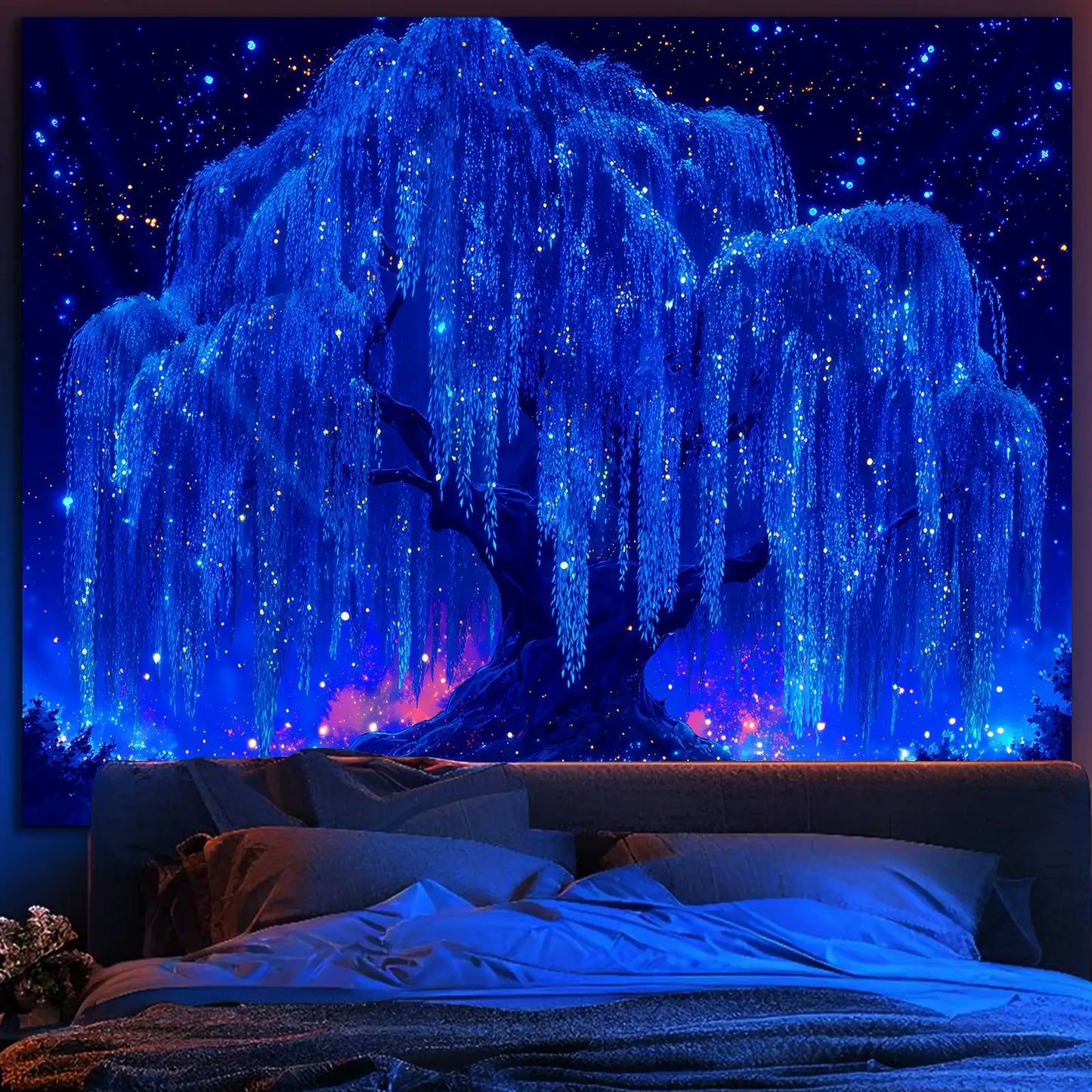 Starlight Willow tapestry creating a magical ambiance in a bedroom.