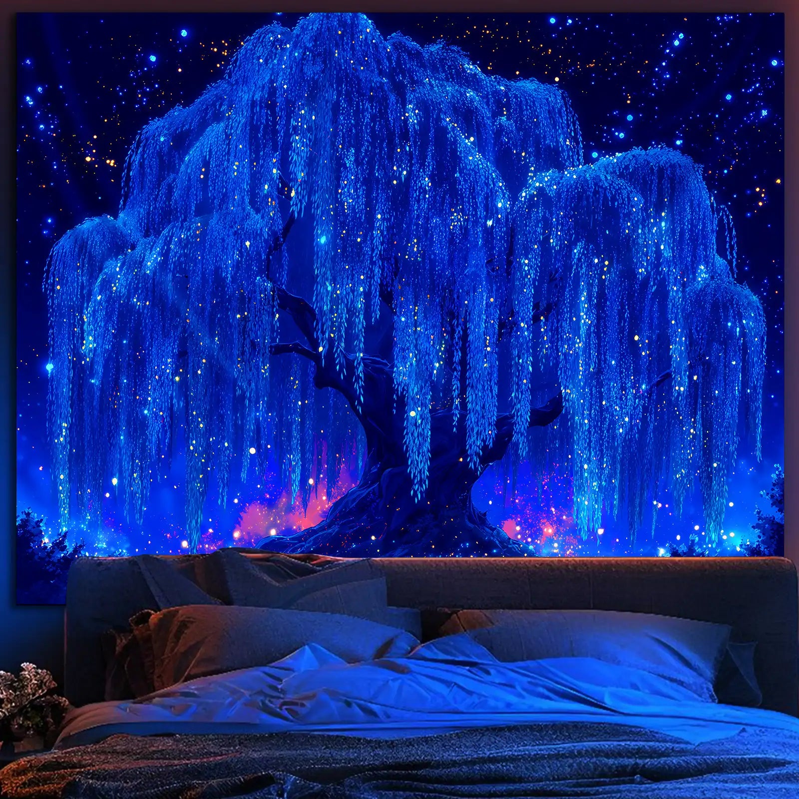 Starlight Willow tapestry creating a magical ambiance in a bedroom.