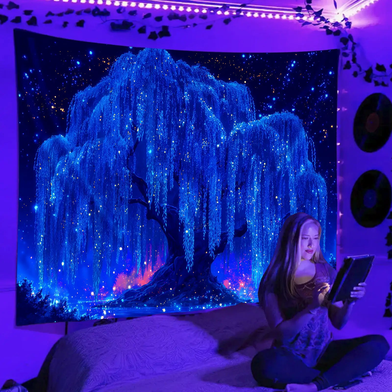 Starlight Willow tapestry intensely glowing under UV blacklight.