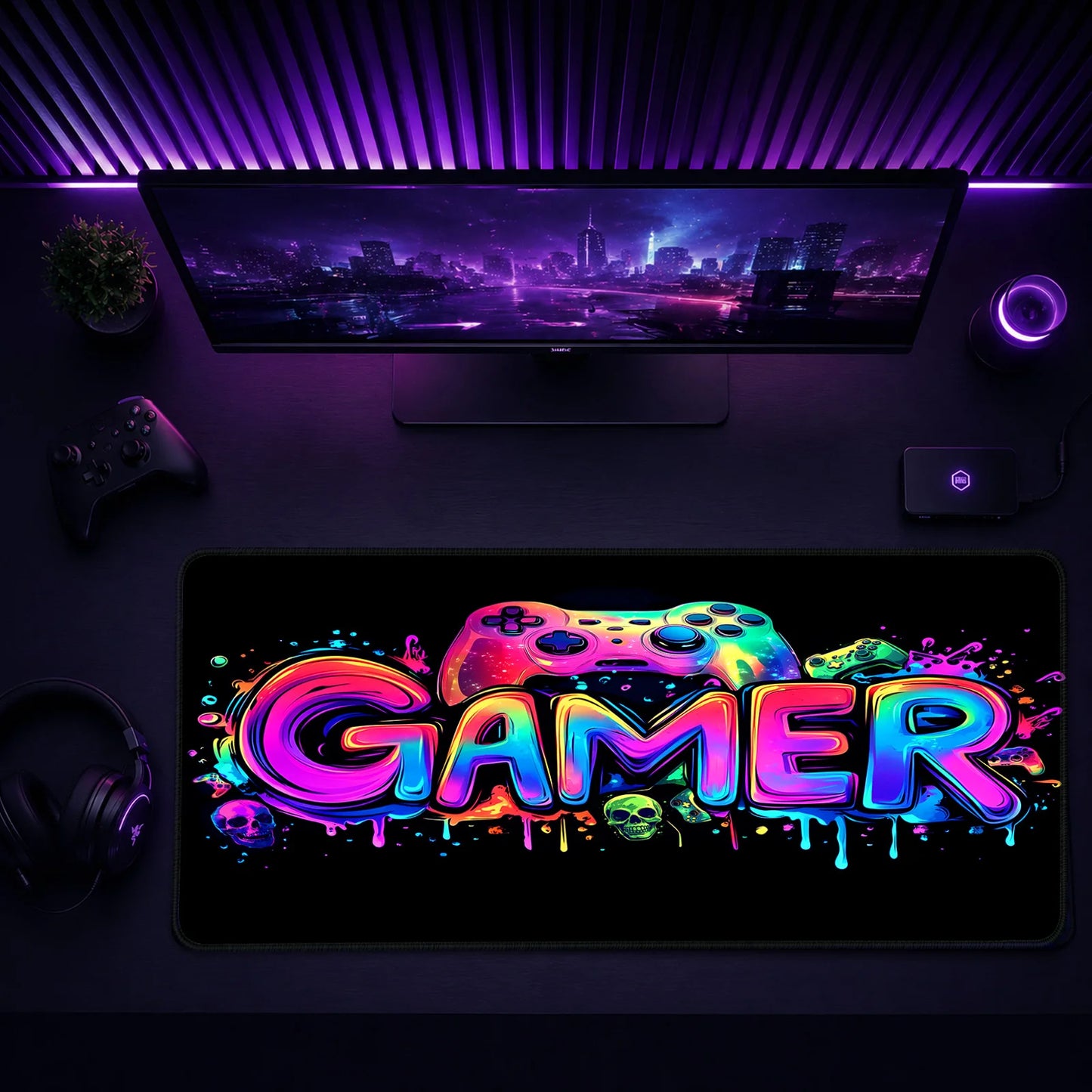 Streamer's desk with Gamer Glow Drip mouse pad and vibrant blacklight decor.