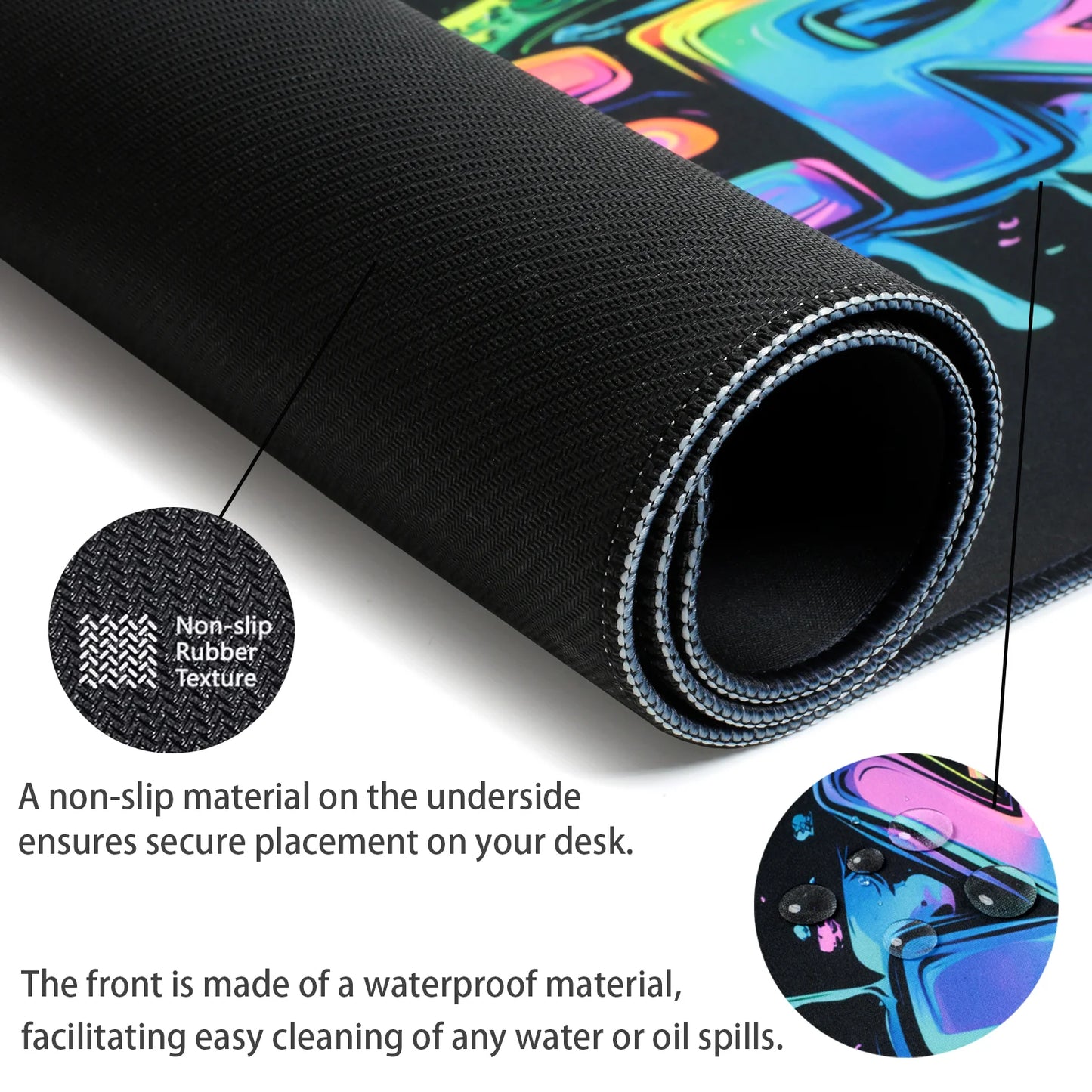 Close-up showing reinforced stitched edges of the Gamer Glow Drip mouse pad.