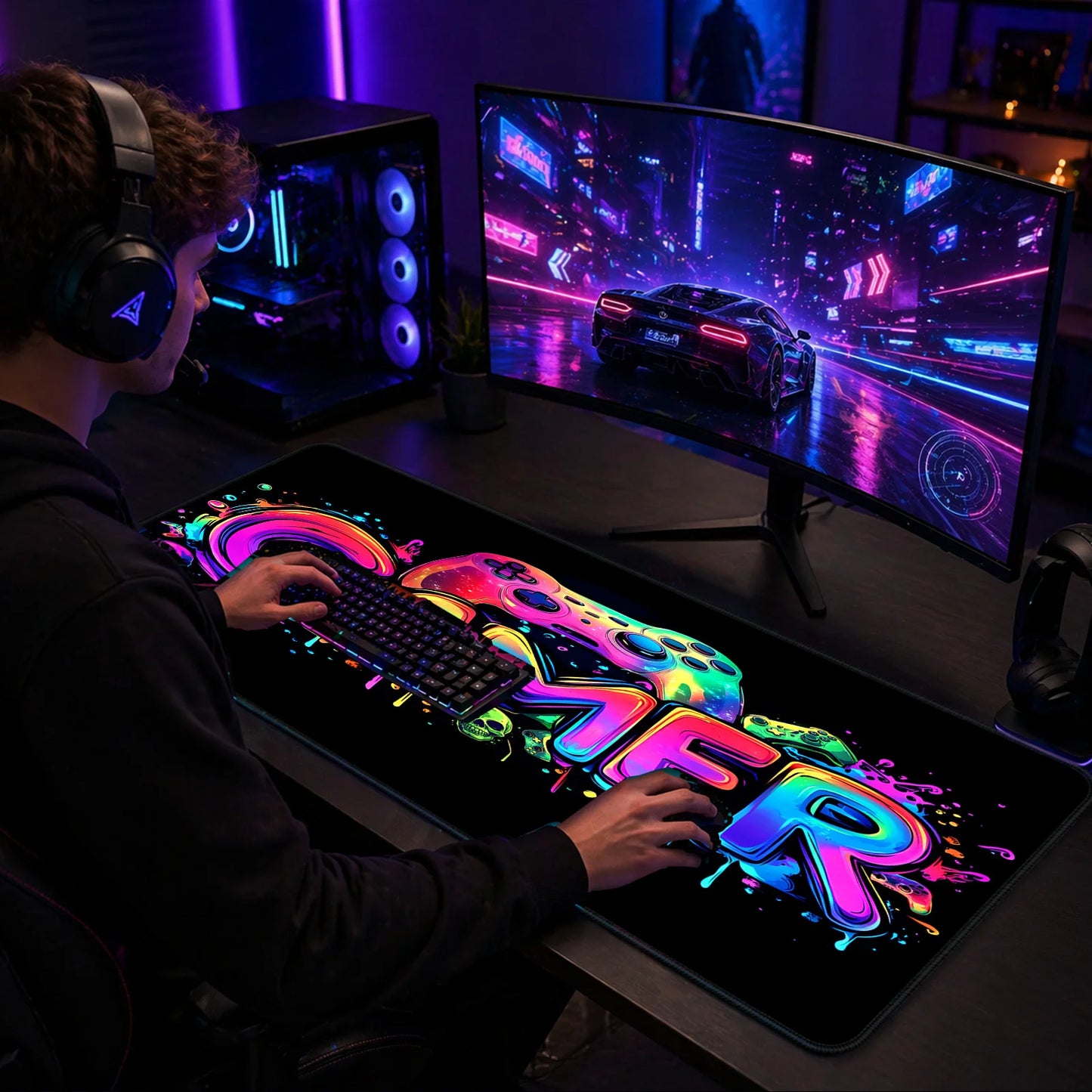Gamer Glow Drip mat on gaming desk with keyboard, mouse, and headset.