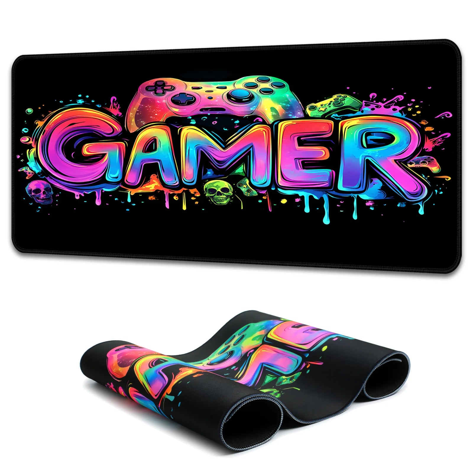 Gamer Glow Drip mouse pad glowing intensely under UV blacklight in darkness.