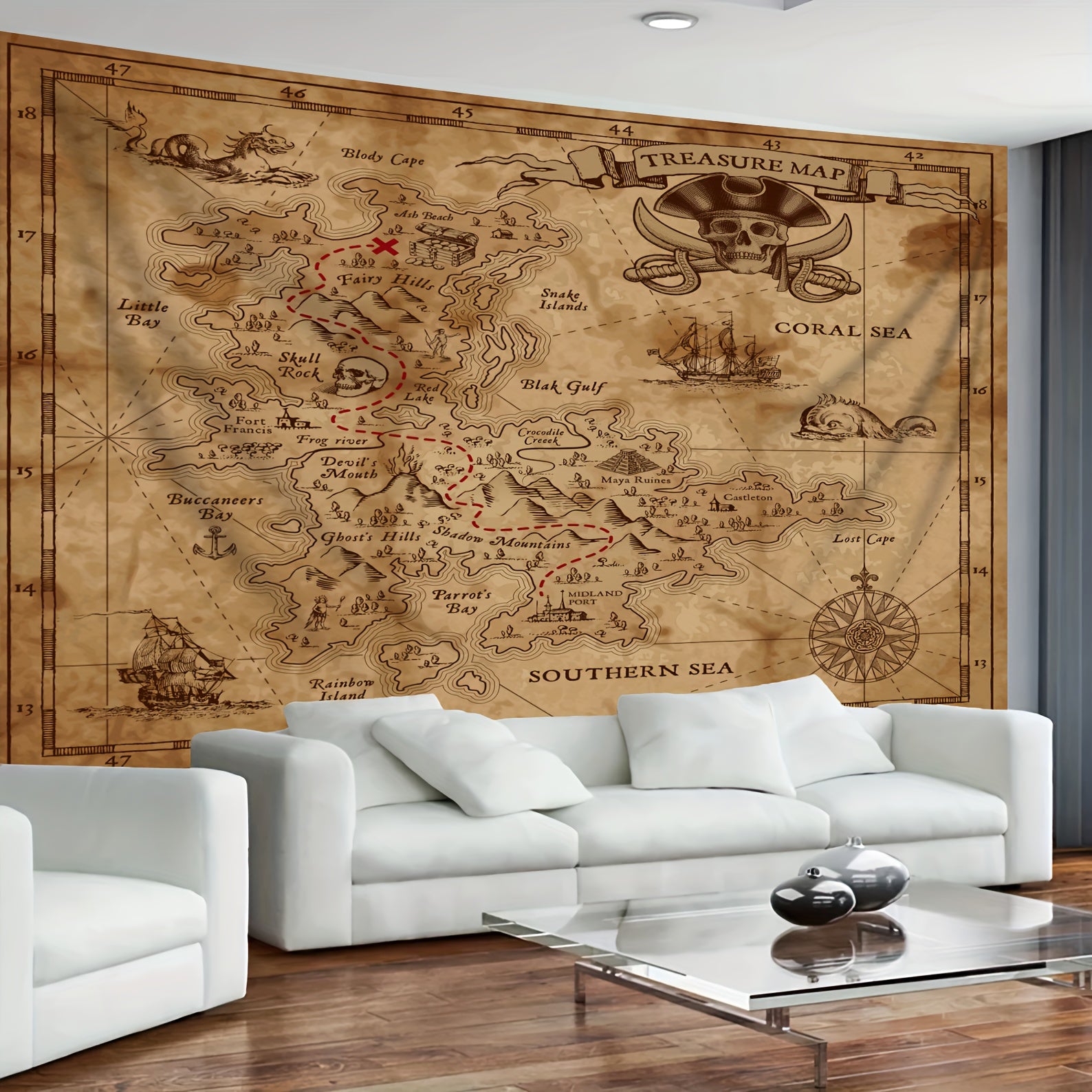 Simpkeely Large Pirate Treasure Map Polyester Tapestry - Vibrant Photo Background Wall Hanging for Living Room, Bedroom, Office, and Home Decor - Includes Free Hanging Clips for Easy Installation