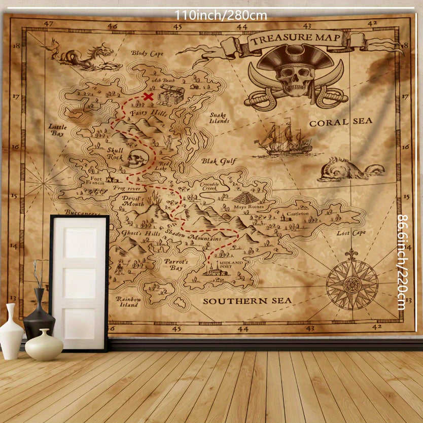 Simpkeely Large Pirate Treasure Map Polyester Tapestry - Vibrant Photo Background Wall Hanging for Living Room, Bedroom, Office, and Home Decor - Includes Free Hanging Clips for Easy Installation
