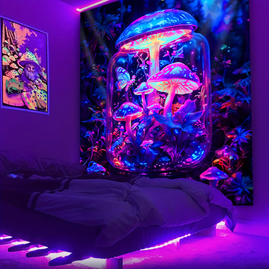 Simpkeely Fantasy Mushroom Bottle Butterfly UV Black Light Tapestry, Large Polyester Woven Wall Hanging for Bedroom, Indoor Portrait Orientation, No Electricity Needed, Aesthetic Home Decor with Free Accessories, Bedroom Wall Decor