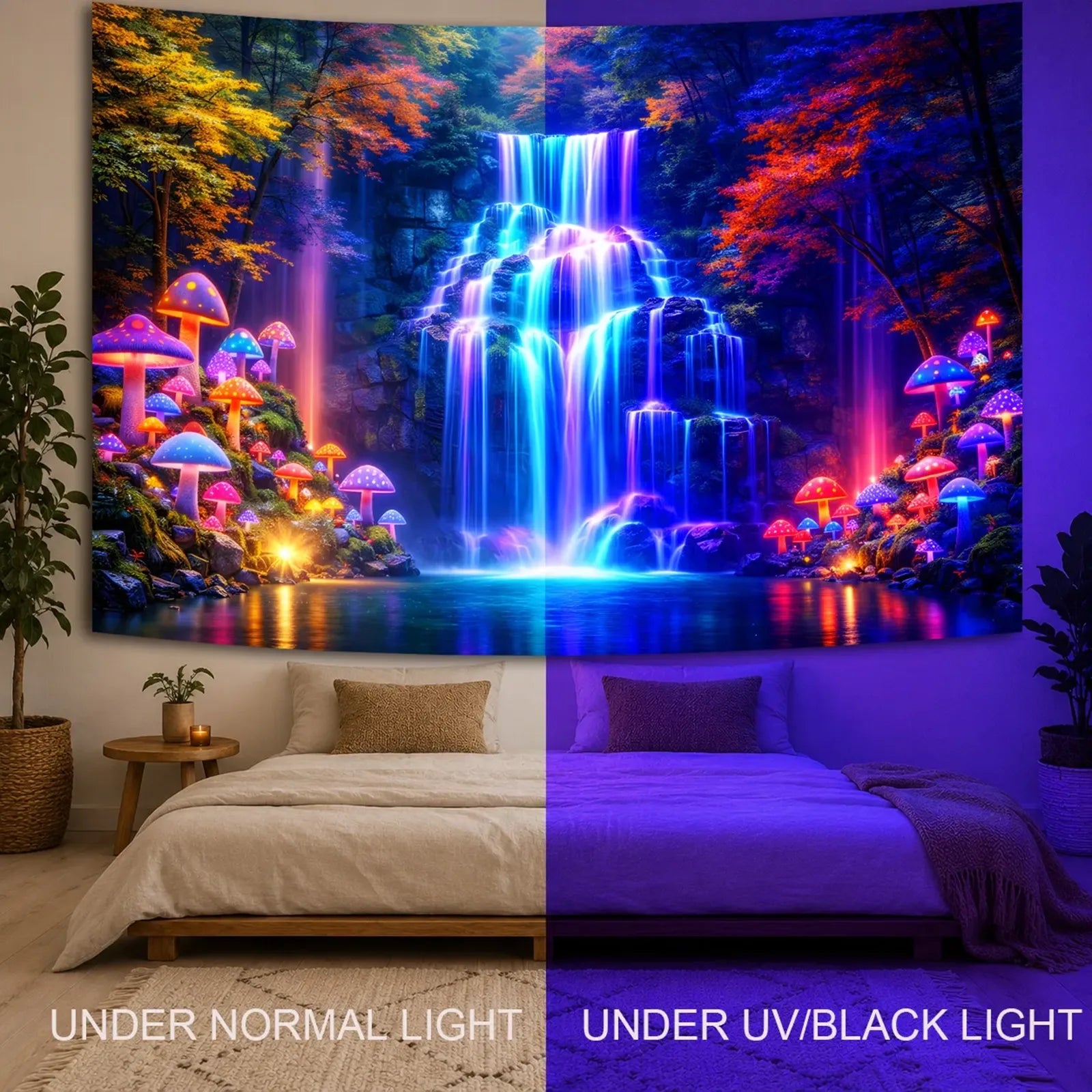 Enchanted Falls tapestry displayed behind a sofa, showing its impressive scale and detail.