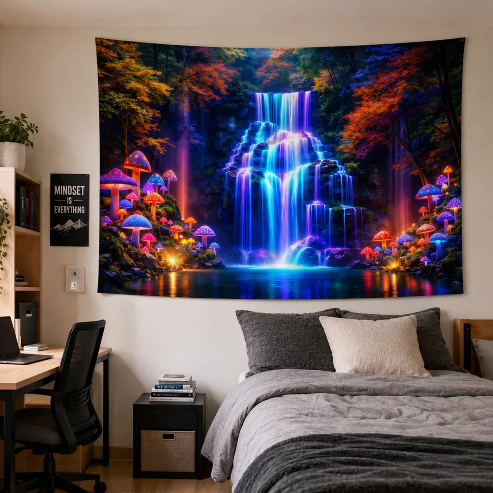 Intense blacklight glow transforming the Enchanted Falls tapestry with vibrant blue and purple.