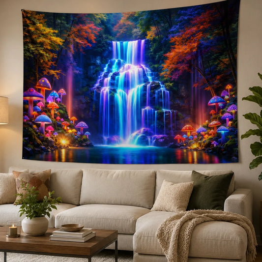 Close-up of the multi-tiered glowing waterfall and luminous mushrooms in Enchanted Falls.