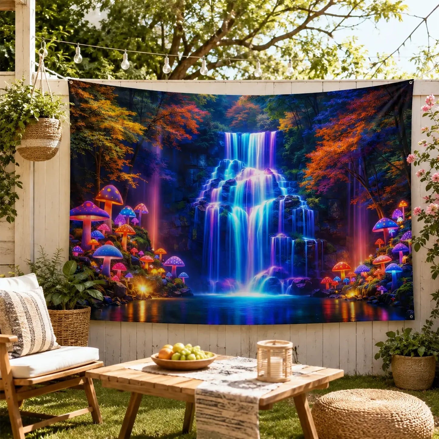 Enchanted Falls UV tapestry wall-mounted in a vibrant, blacklight-illuminated bedroom.