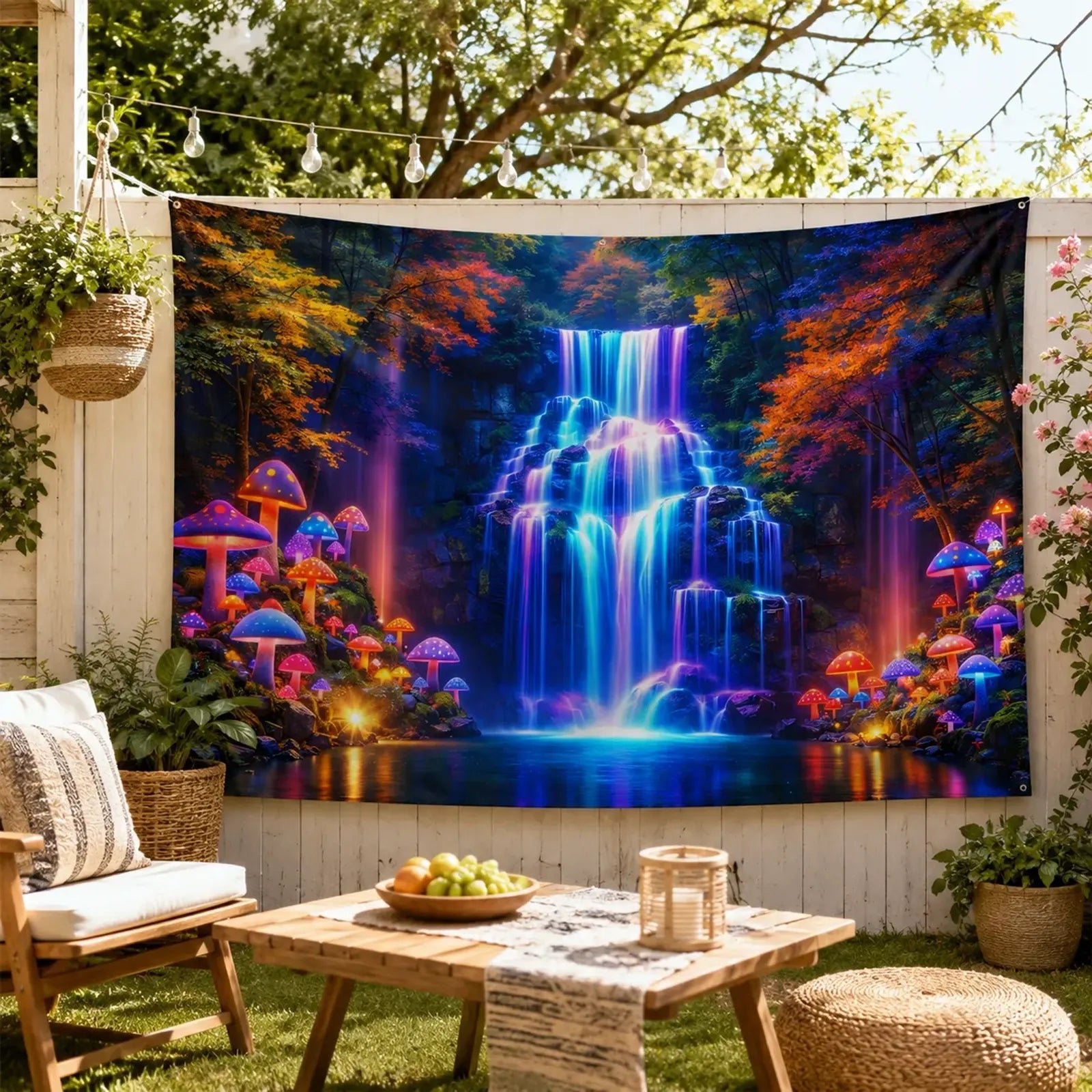 Enchanted Falls UV tapestry wall-mounted in a vibrant, blacklight-illuminated bedroom.