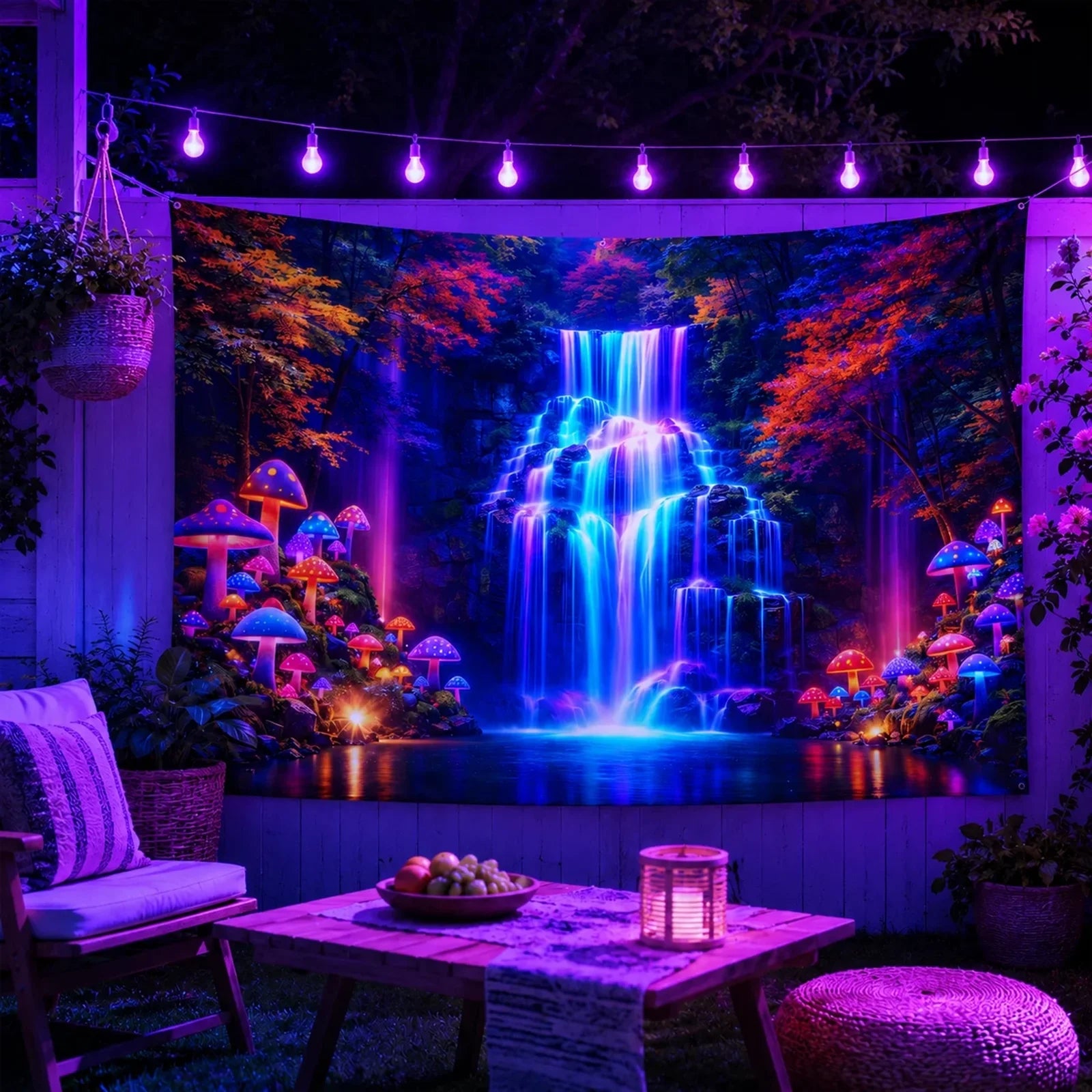 Lifestyle shot of Enchanted Falls tapestry creating a mystical atmosphere in a gaming room.