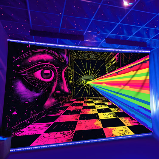 Simpkeely UV Mysterious Eyes Rainbow, Grid Black Light Tapestry, Large Size Peach Skin Fluorescent Tapestry, Bedroom Aesthetic Hanging Tapestry For Bedroom Office Living Room Home Decor, Wall Decoration With Free Accessories