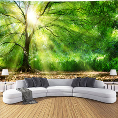 Simpkeely Sunlight Forest Tree Tapestry – Green Nature Wall Hanging Mural with Glowing Sun Rays Through Canopy, Tranquil Woodland Landscape Art for Bedroom & Living Room