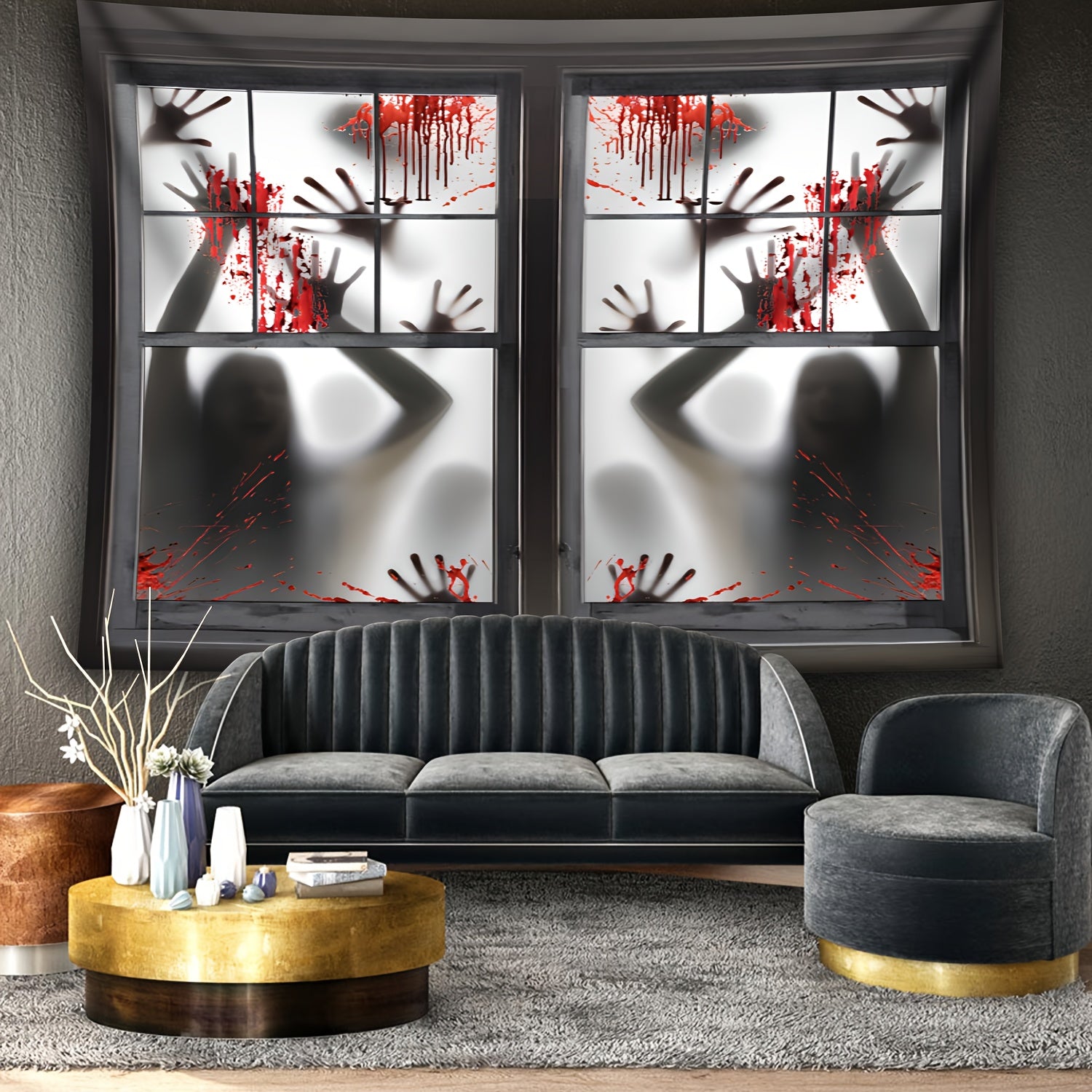 Simpkeely Zombie Hands Horror Window Tapestry – Bloody Handprint Halloween Wall Hanging, Scary Haunted House Decor, Spooky Shadow Figures Glow in the Dark Party Backdrop for Bedroom & Living Room