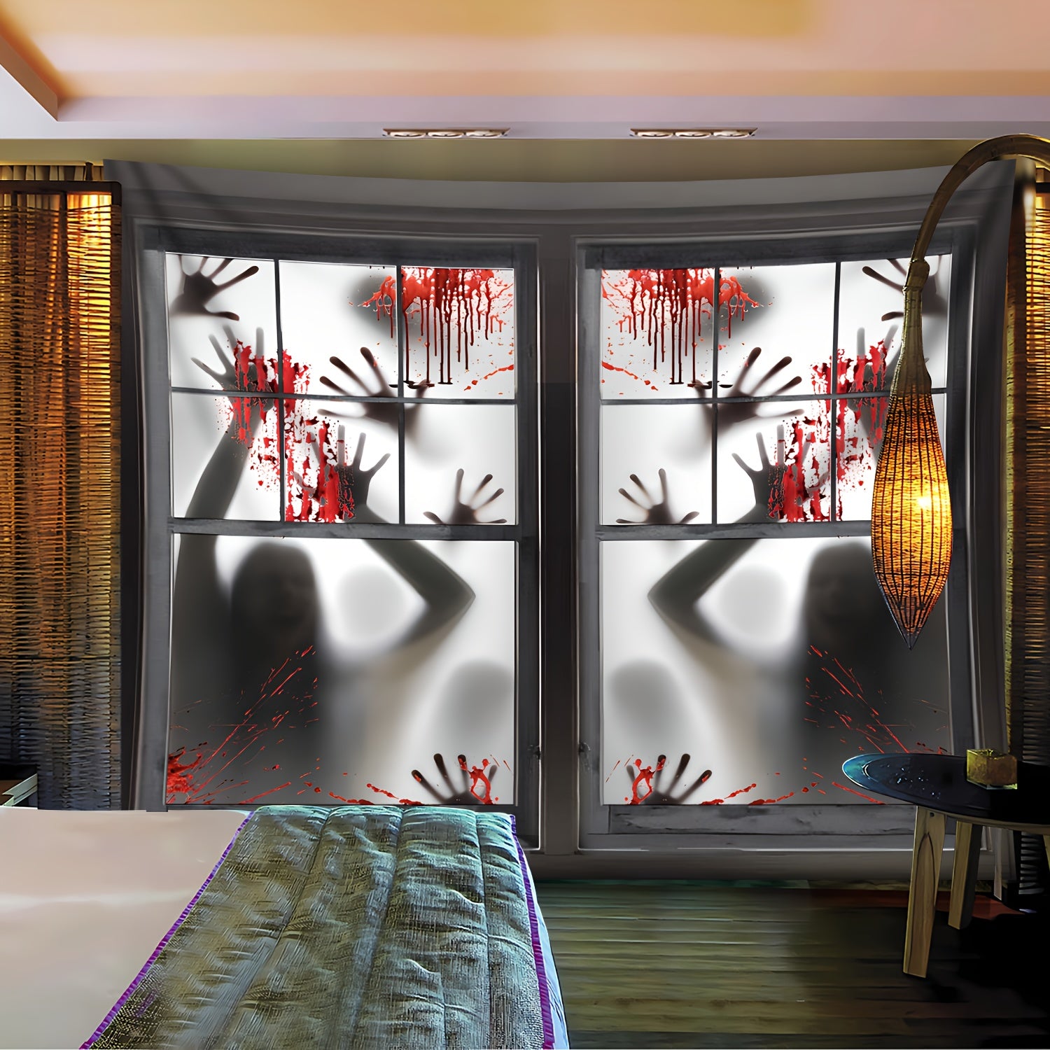 Simpkeely Zombie Hands Horror Window Tapestry – Bloody Handprint Halloween Wall Hanging, Scary Haunted House Decor, Spooky Shadow Figures Glow in the Dark Party Backdrop for Bedroom & Living Room