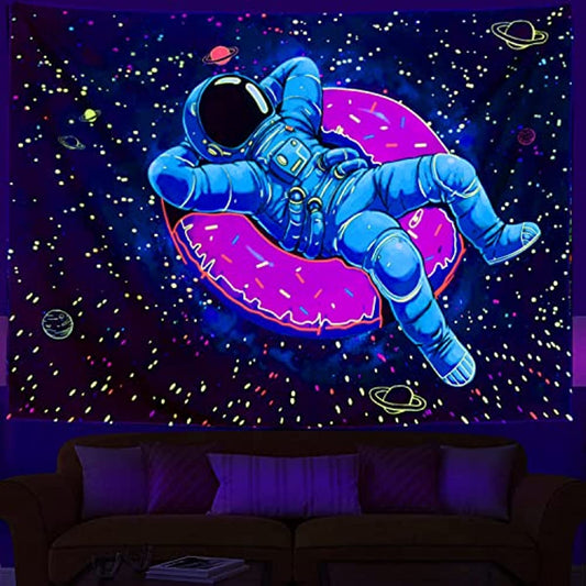Simpkeely Astronaut Tapestry, Blacklight UV Reactive Funny Doughnut Aesthetic Tapestries Wall Hanging, Cool Galaxy Space Starry Sky Tapestry for Bedroom Living Room
