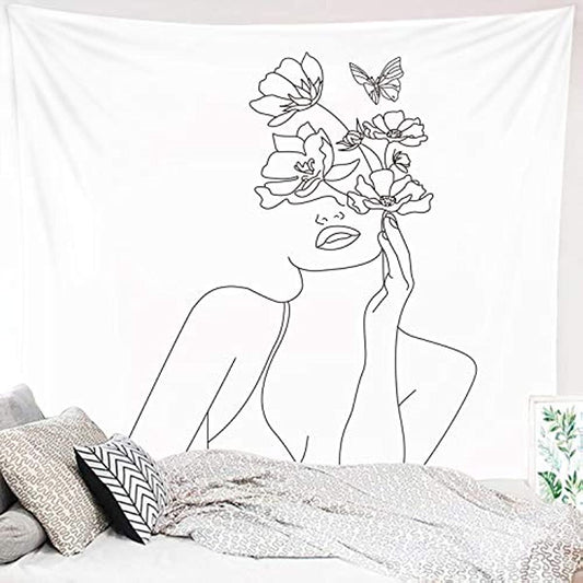 Simpkeely Art Line Aesthetic Tapestry, Simple Women with Flower Butterfly Wall Hanging, Modern Minimalist Abstract Creative Sketch Wall Décor for Dorm Bedroom Office – 51.2" x 59.1”