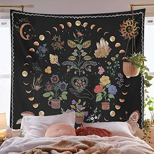 Simpkeely Aesthetic Plant Tapestry, Boho Moon Phase Tapestry Vintage Botanical Mushroom Floral Tapestries Wall Hanging for Bedroom, Living Room